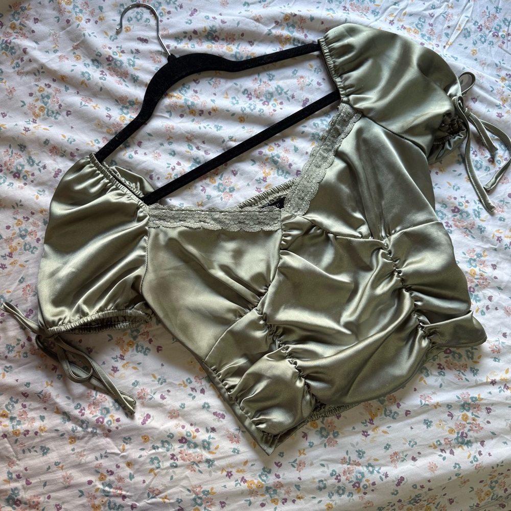 Forever 21 Olive Green Satin Ruched Crop Top